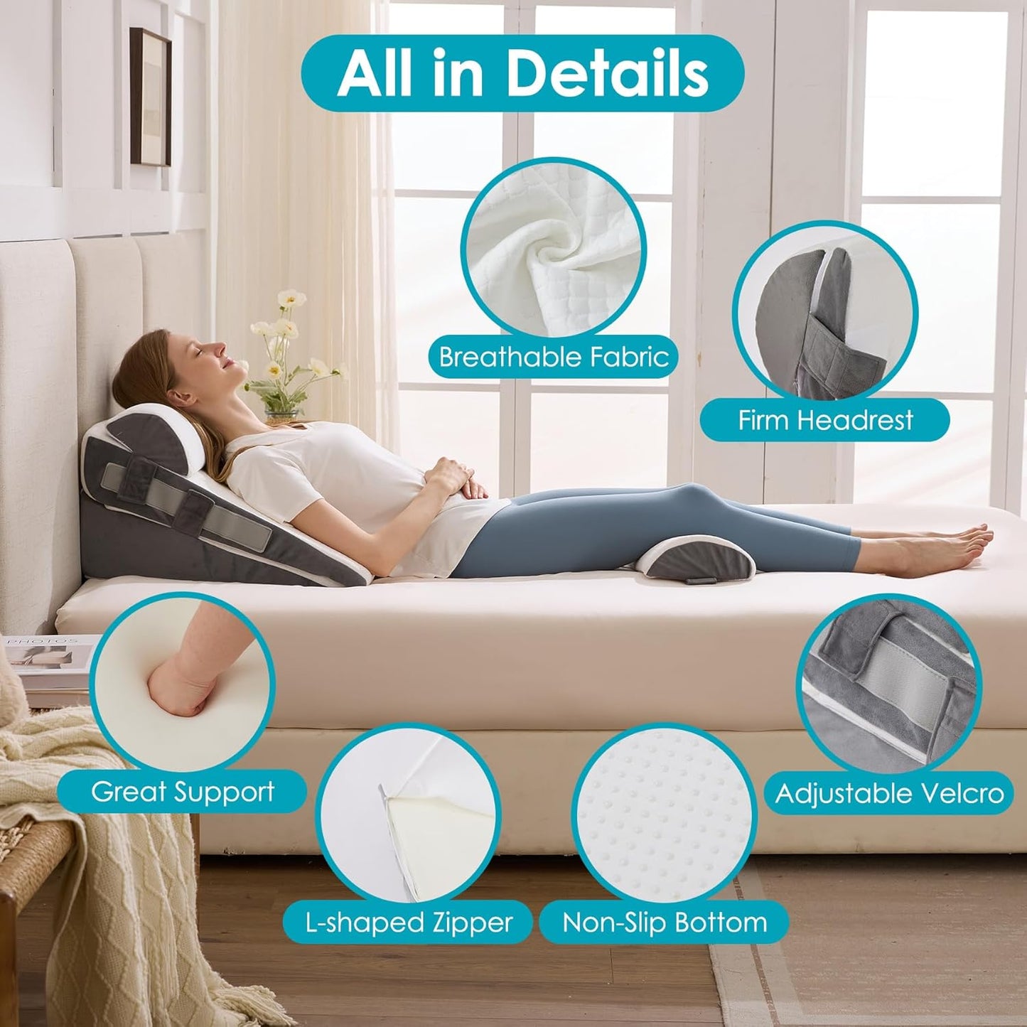Regine Switzerland Wedge Pillow Set - Adjustable Memory Foam for Acid Reflux Relief | 3-Piece White & Grey