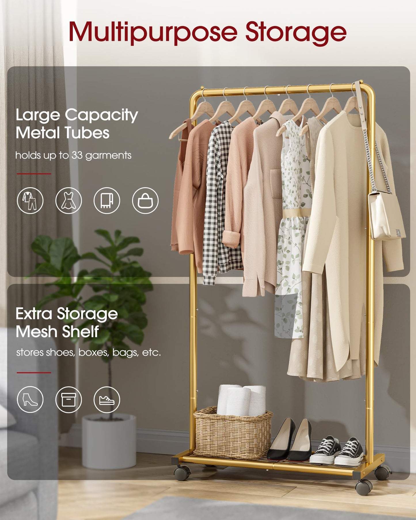 Sakugi Clothes Rack - Clothing Rack with Storage Mesh Shelf & Casters, Heavy-Duty Metal Clothing Rack for Hanging Clothes, Dresses, Coats, Large Load Capacity, Easy Assembly, Gold, 28.0"x16.9"x59.0"