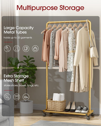 Sakugi Clothes Rack - Clothing Rack with Storage Mesh Shelf & Casters, Heavy-Duty Metal Clothing Rack for Hanging Clothes, Dresses, Coats, Large Load Capacity, Easy Assembly, Gold, 28.0"x16.9"x59.0"