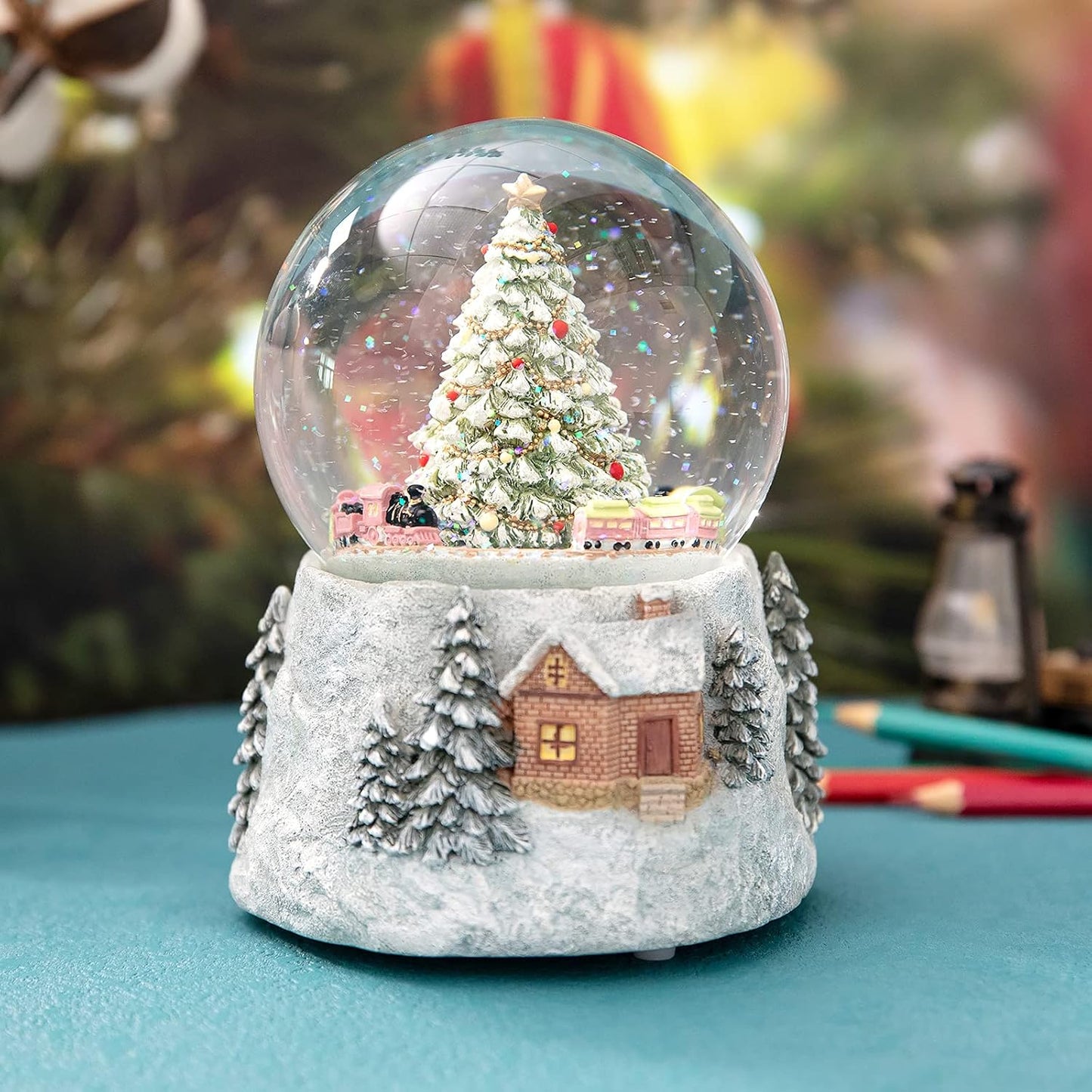 MG-7282 Automatic Revolving Train Snow Globe - Color Changing Light Effect, 4 Inches, Plays O Christmas Tree