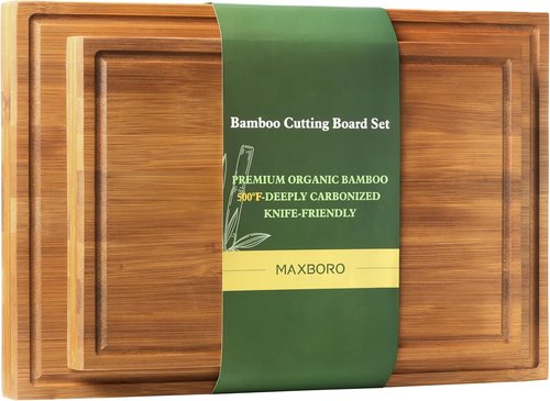 Bamboo Cutting Board Set - 2PCS Double-Sided Chopping Boards with Juice Grooves & Side Handle | Ideal for Meal Prep & Serving