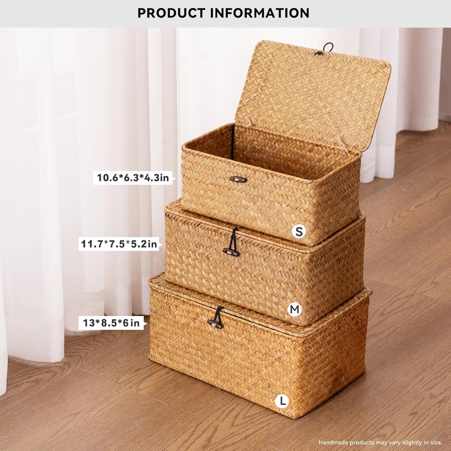 Nonam Storage Basket Set - Natural Seagrass Bins with Lids for Boho Home Organization | Set of 3 Rectangular Baskets