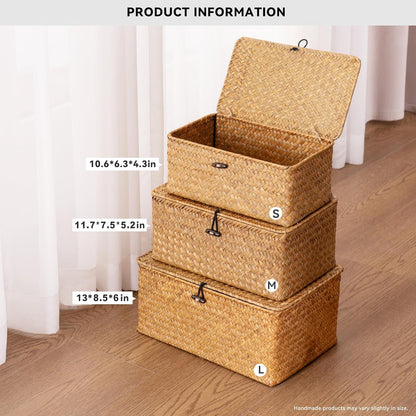 Nonam Storage Basket Set - Natural Seagrass Bins with Lids for Boho Home Organization | Set of 3 Rectangular Baskets
