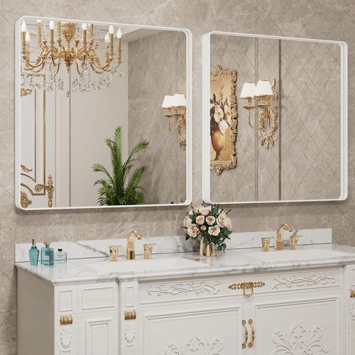 LOAAO White Metal Framed Bathroom Mirror - Large 30x30 Inch Rounded Rectangle, Anti-Rust Tempered Glass | Versatile Horizontal/Vertical Hanging