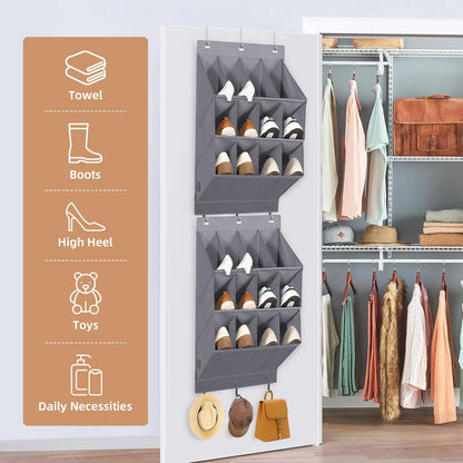 Storage Maniac Over Door Shoe Organizers - 12 Large Pockets for Closet & Dorm | Grey Hanging Rack