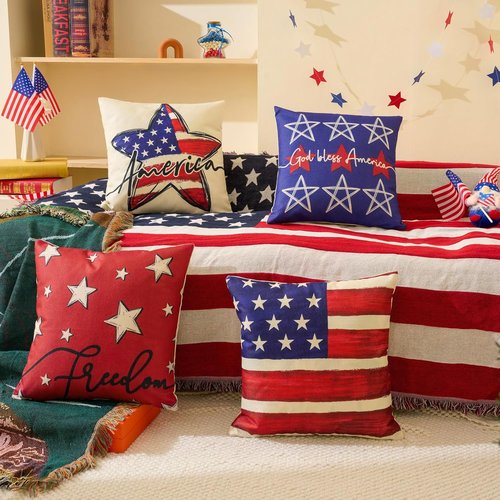 Hongsome Throw Pillow Covers - Patriotic 4th of July Decor | Set of 4, 18x18 Inch Red, White & Blue