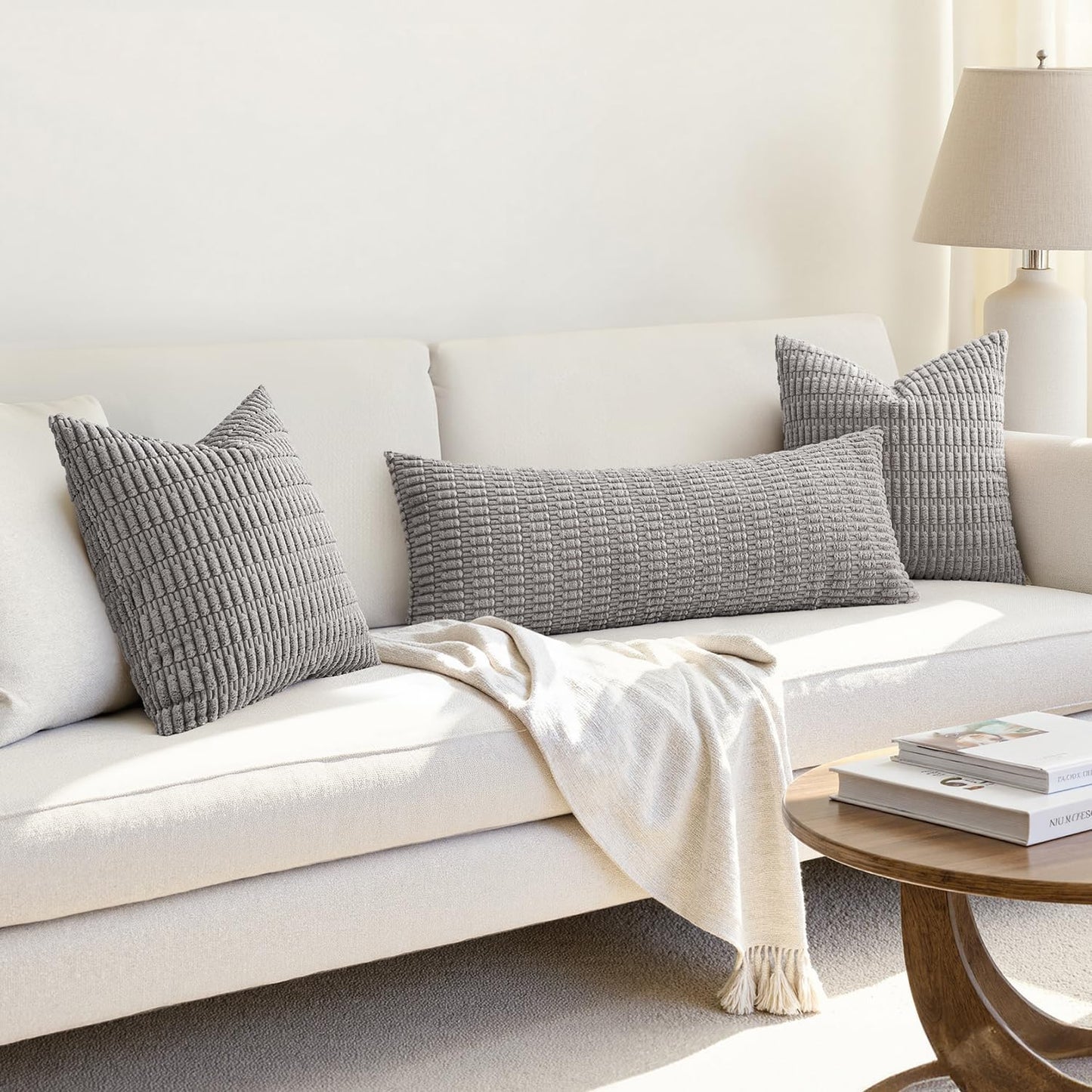 MIULEE Light Grey Long Body Lumbar Throw Pillow Cover - Soft Boho Decor for Couch & Sofa | 14x36 Inch