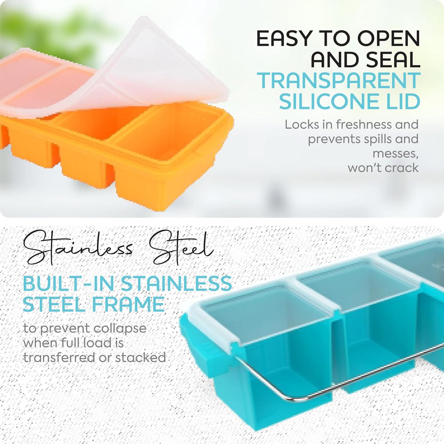 XOMOO Silicone Freezer Tray With Lid | Large Ice Cube Molds for Soup & Meal Prep - 2-Pack, Oven & Dishwasher Safe