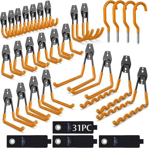 Heavy Duty 31-Pack Garage Wall Hooks | Anti-Slip Steel Storage for Ladders & Yard Tools - Orange