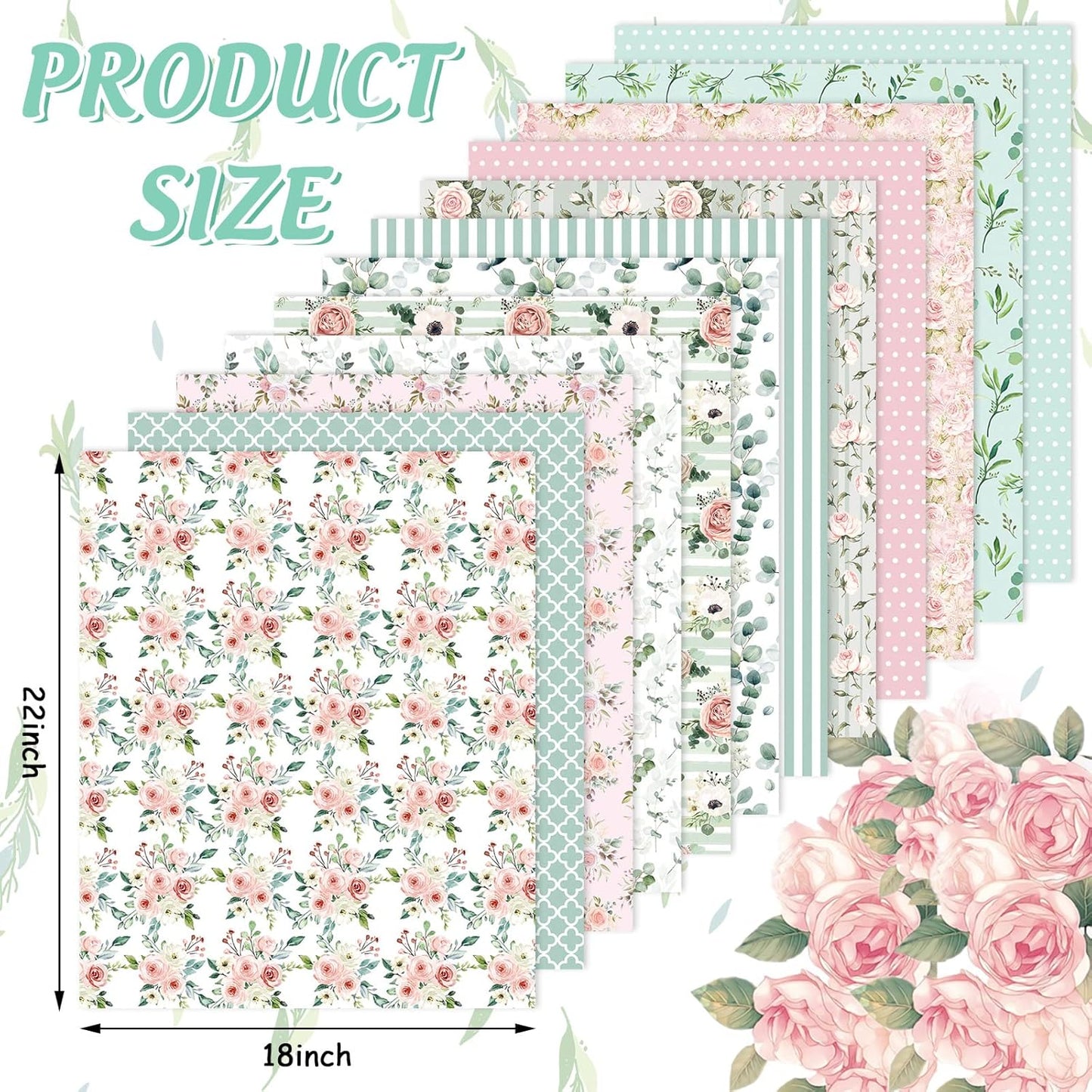 Whaline 12Pcs Cotton Fabric Bundles - Floral Greenery Prints | 18 x 22 Inch Fat Quarters for DIY Crafting