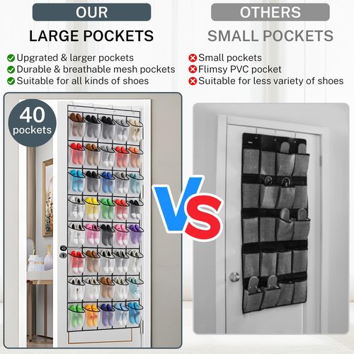 40 Large Mesh Pocket Over the Door Shoe Organizer,Hanging Shoe Rack for Door,Hualleko Shoes Organizer Hanger with Large Capacity, Shoes Storage Holder Sturdy Non-woven Fabric - Stores 20 Pairs (White)
