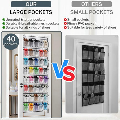 40 Large Mesh Pocket Over the Door Shoe Organizer,Hanging Shoe Rack for Door,Hualleko Shoes Organizer Hanger with Large Capacity, Shoes Storage Holder Sturdy Non-woven Fabric - Stores 20 Pairs (White)