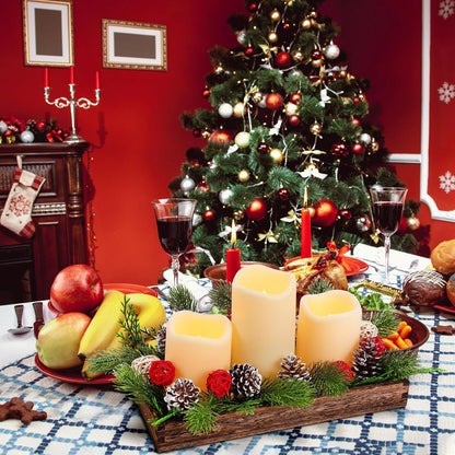 Tioncy Christmas Table Centerpiece - Rustic Wood Box Tray with Artificial Pine Picks & Candles | Holiday Decor