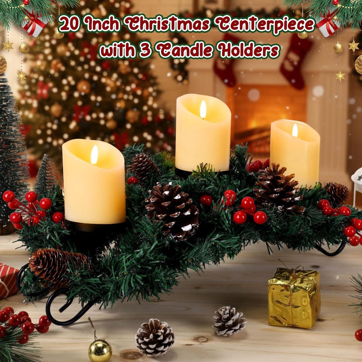 Mudder Christmas Table Centerpiece Set - 20'' Steel Base with 3 Flameless LED Candles & Red Berry Decor | Creamy White