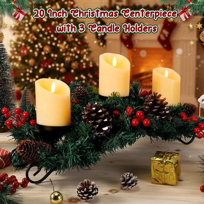 Mudder Christmas Table Centerpiece Set - 20'' Steel Base with 3 Flameless LED Candles & Red Berry Decor | Creamy White