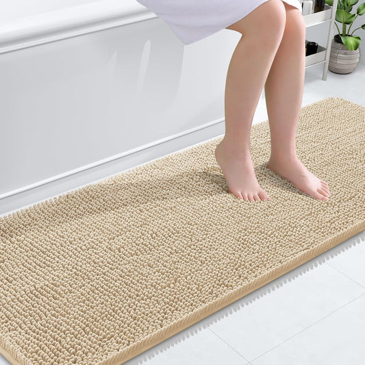 OLANLY Bathroom Runner Rugs - Extra Soft Chenille Bath Mats | Quick Dry, Machine Washable, 70x24, Beige