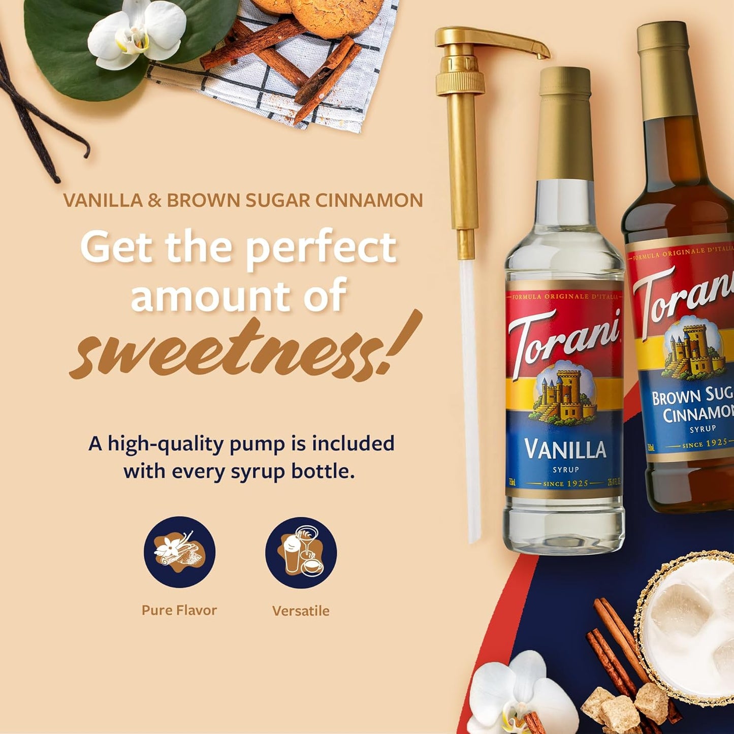Torani Syrups - Brown Sugar Cinnamon & Vanilla Coffee Syrup Variety 2-Pack | 25.4 Fl Oz Each, Pumps Included