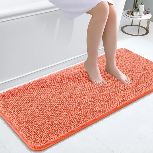OLANLY Bathroom Runner Rugs - Extra Soft Chenille Bath Mat | Quick Dry, Machine Washable, 47x20, Coral