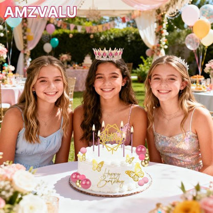 AMZVALU Crown Cake Topper Set - 3 Happy Birthday Decorations with Ball Candles & Butterflies | Rose Gold & Pink