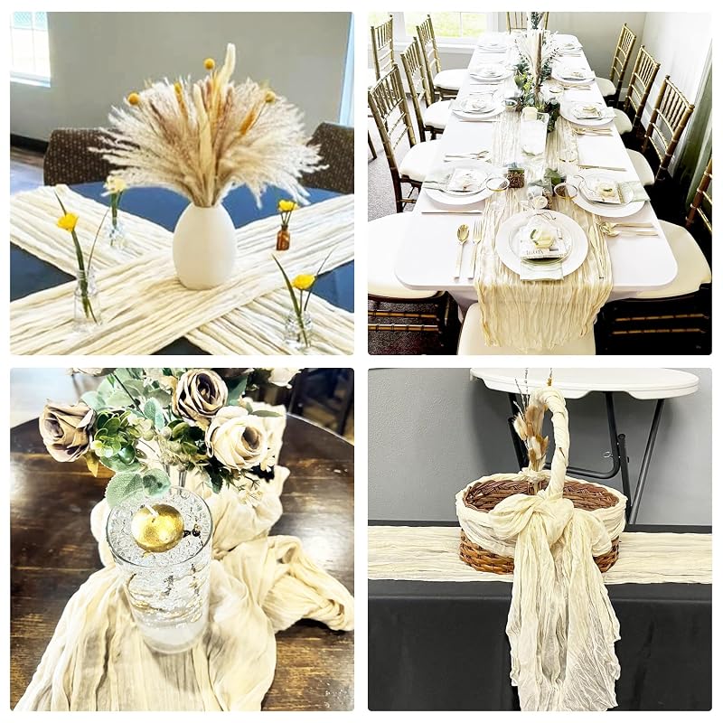 Beige Cheesecloth Table Runner 10 Pack 120x20in - Boho Gauze Linen for Wedding & Party, 10ft Long