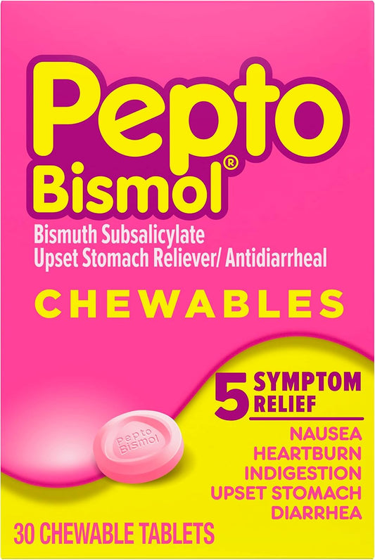 Pepto Bismol Chewable Tablets - Fast Upset Stomach & Nausea Relief | 30 Count for Adults