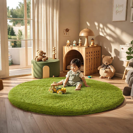 Ophanie Round Rug 6Ft Green Circle Area Rug, Green Room Decor, Fluffy Fuzzy Bedroom Carpet, Plush Soft Shaggy Living Room Rugs for Kids Home Decor Aesthetic, Nursery