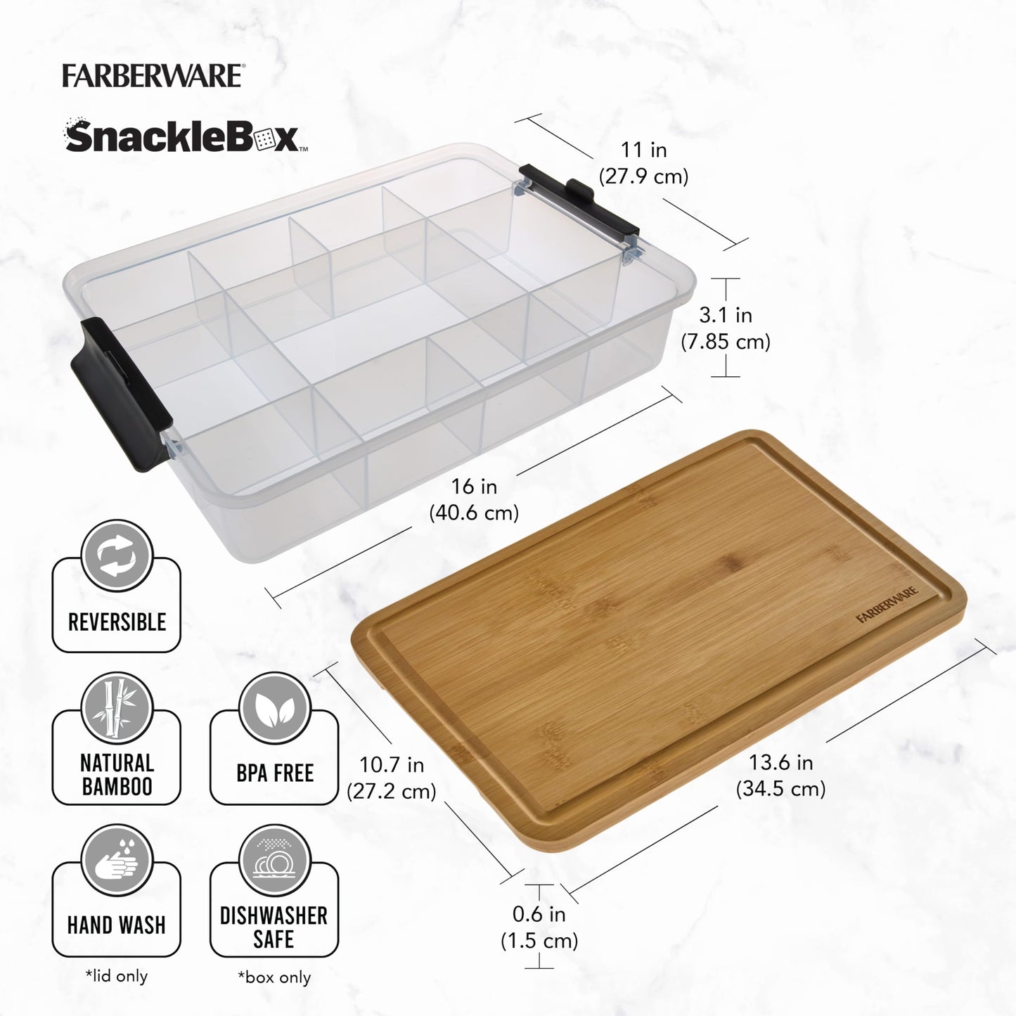 Farberware Build-a-Board Snacklebox with Locking Bamboo Cutting Board Lid, Portable Charcuterie Storage with Compartments,Make it. Take it. Enjoy it., 11x16-Inch, Natural