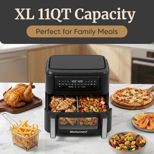 Elite Gourmet 11QT Dual Zone Air Fryer Oven - Sync Cook & Finish, PFAS Free Nonstick, 10 Presets, Black