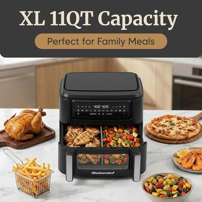 Elite Gourmet 11QT Dual Zone Air Fryer Oven - Sync Cook & Finish, PFAS Free Nonstick, 10 Presets, Black