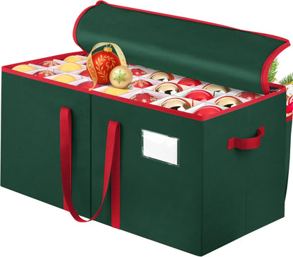 SeasonBliss Christmas Ornament Storage Box - Holds 128 Ornaments | Large, Sturdy Organizer with Zipper & Handles, Green