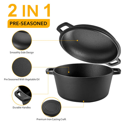 Velaze Cast Iron Dutch Oven Pot with Skillet Lid, 2-in-1 Pre-Seasoned Dual Handle Cast Iron Pan for Bread Baking, Frying, and Camping - Black 5QT