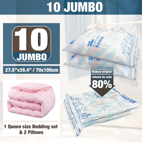 HIBAG Vacuum Storage Bags - 10 Jumbo Space Saver Seal Bags for Clothes, Comforters & Bedding