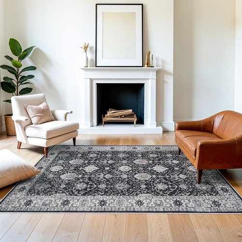 5x7 Living Room Area Rugs: Washable Non-Slip Stain Resistant Rug for Bedroom Dining Room Vintage Ultra Soft Indoor Carpet for Nursery Kitchen Farmhouse Thin Floor Mat for Home Office (5x7 Black)