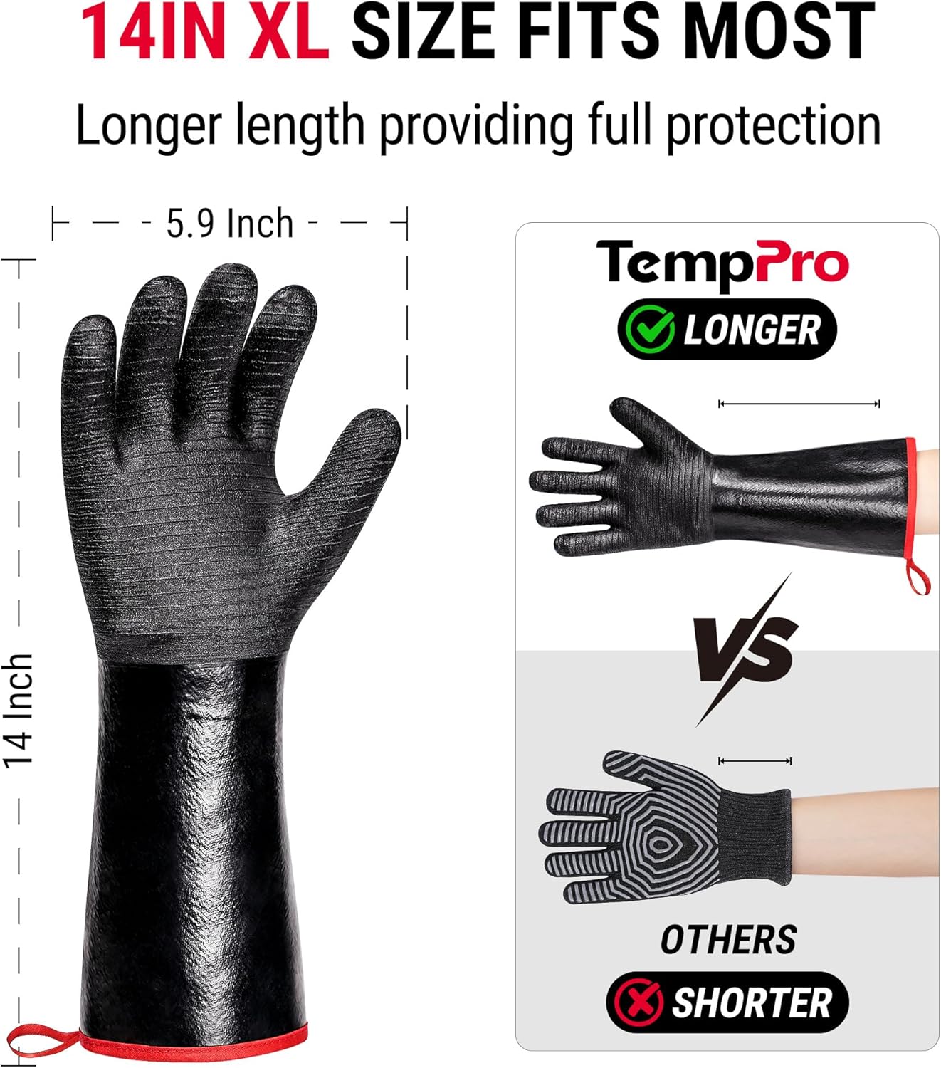 TempPro BBQ Gloves - 932°F Heat Resistant, Waterproof & Slip-Resistant Neoprene | 14" Grill Mitts for Fire Pit & Smoker