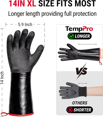 TempPro BBQ Gloves - 932°F Heat Resistant, Waterproof & Slip-Resistant Neoprene | 14" Grill Mitts for Fire Pit & Smoker