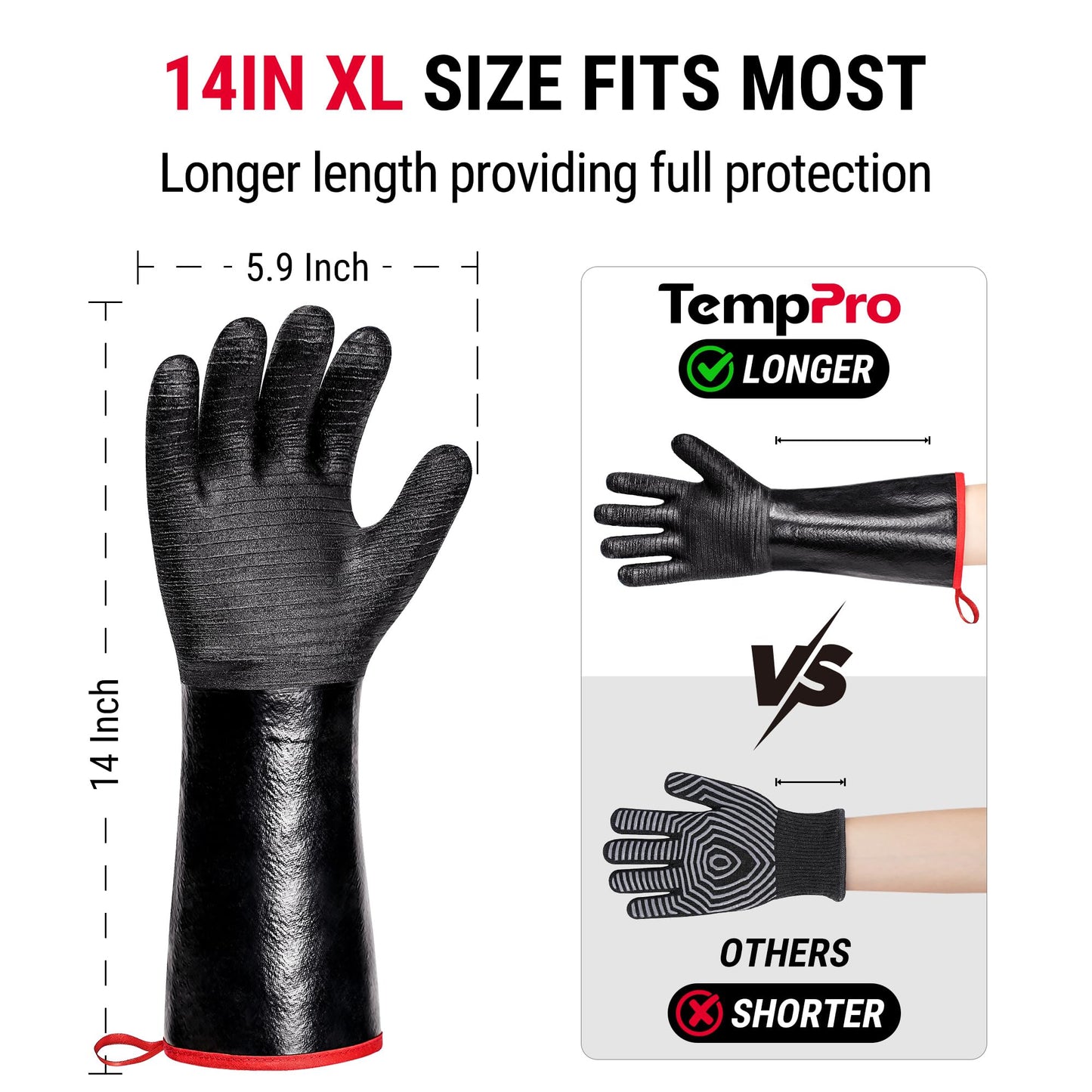 TempPro 932°F Heat Resistant BBQ Gloves, 14" Waterproof Oven & Grill Gloves, Oil & Slip-Resistant Neoprene Oven Mitts for BBQ, Fire Pit, Rotisserie, Smoker Accessories Gifts (Previously ThermoPro)
