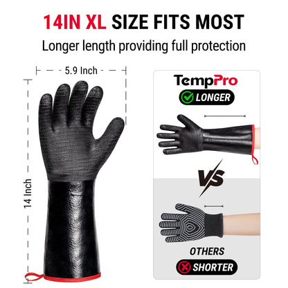 TempPro 932°F Heat Resistant BBQ Gloves, 14" Waterproof Oven & Grill Gloves, Oil & Slip-Resistant Neoprene Oven Mitts for BBQ, Fire Pit, Rotisserie, Smoker Accessories Gifts (Previously ThermoPro)