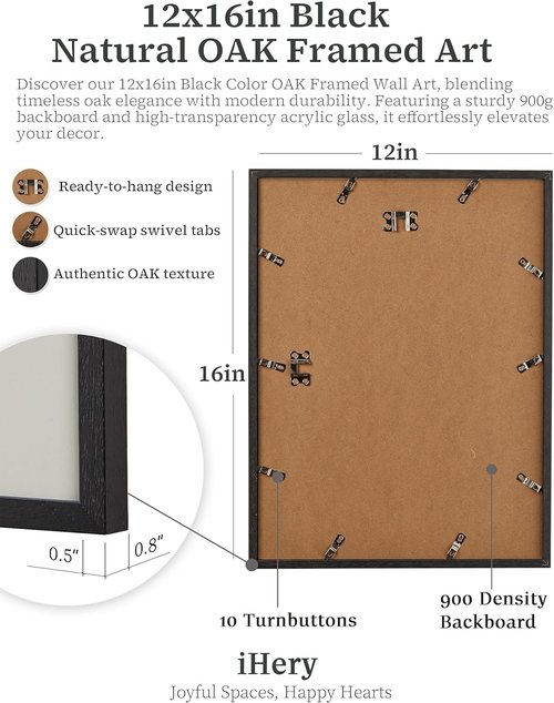 iHery Premium Framed Wall Art - Natural Black Oak 12x16in Retro Aesthetic Canvas Decor | Perfect for Girly Dorms & Living Rooms