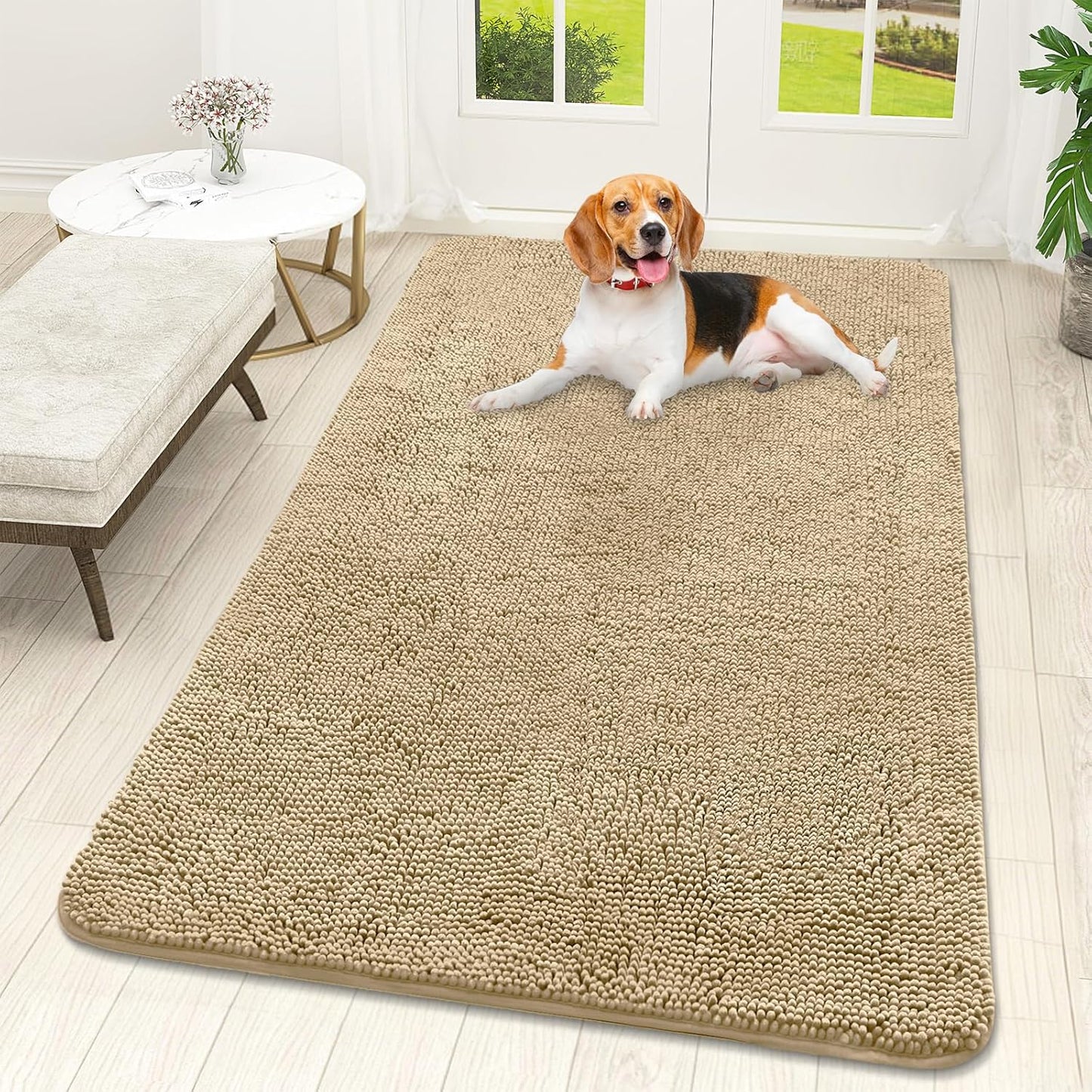 OLANLY Dog Door Mat - Absorbent Non-Slip Chenille for Muddy Paws | 59x32, Quick Dry, Beige