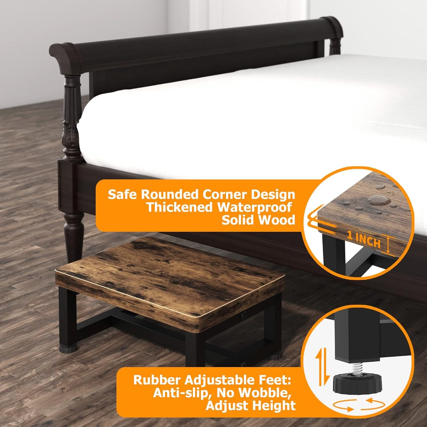 Wooden Step Stool - Heavy Duty Design with Non-Slip Rubber Feet | 500-LBS Capacity, Rustic Brown