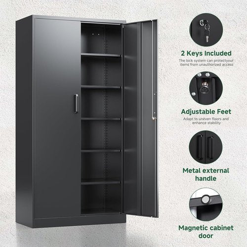 Letaya Metal Garage Storage Cabinets - 72" Tall Tool Organizer with Lock | 5 Adjustable Shelves, Black