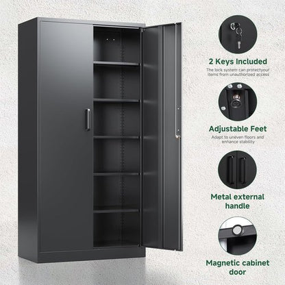 Letaya Metal Garage Storage Cabinets - 72" Tall Tool Organizer with Lock | 5 Adjustable Shelves, Black
