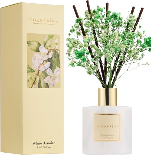 Cocorrína Reed Diffuser - White Jasmine 6.7 Fl. Oz Set with Sticks & Preserved Baby's Breath | Elegant Home Decor