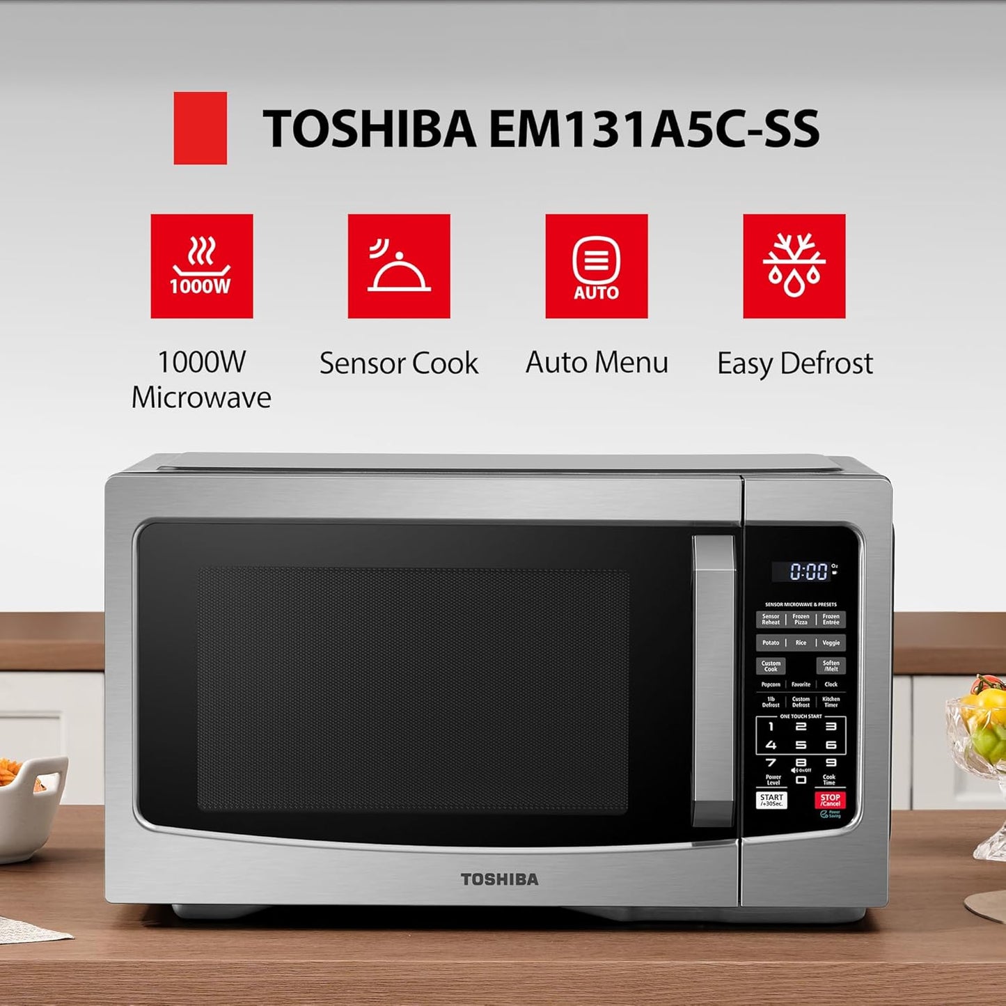 TOSHIBA Countertop Microwave Oven - 1.2 Cu Ft with Smart Humidity Sensor & 12 Auto Menus | Silver Finish