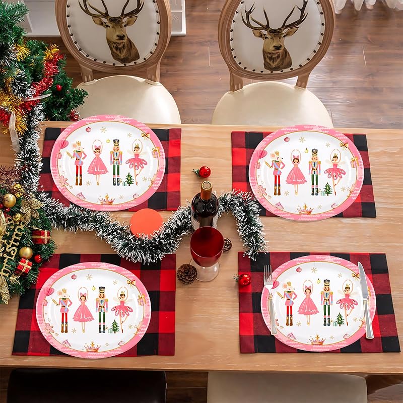 Christmas Pink Nutcracker Heavy-Duty Paper Plates, 10 x 12 Inch, Disposable Holiday Dinnerware - 50 Pack