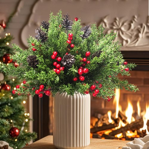 Grunyia Christmas Decorations - 68 Pcs Artificial Pine Greenery Picks with Pinecones & Berries for Holiday Decor