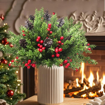 Grunyia Christmas Decorations - 68 Pcs Artificial Pine Greenery Picks with Pinecones & Berries for Holiday Decor