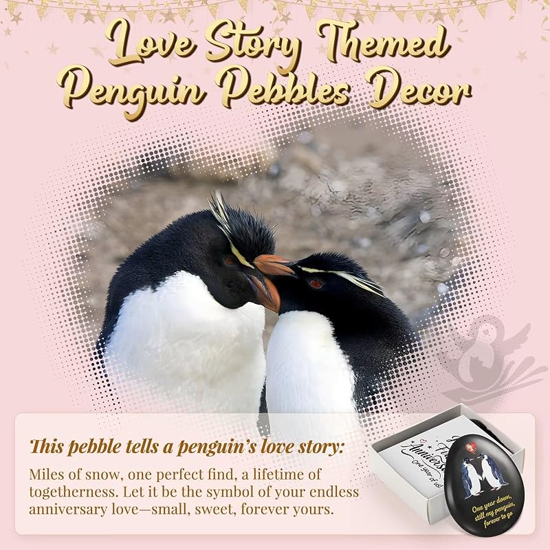 First Anniversary Penguin Pebble Keepsake Gift for Men and Women - 1st Year Anniversary Card Included - Jubilora
