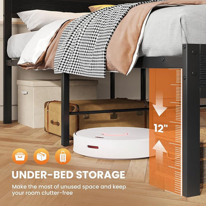 Queen Bed Frame with LED Lights, USB/AC/Type-C Charging Station, 3-Tier Headboard Storage & Under-Bed Drawers