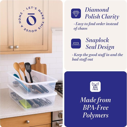 HOMZ Large Clear Plastic Storage Organizer Bins - 41 Quart Snaplock Containers with Lids | Stackable for Home & Office